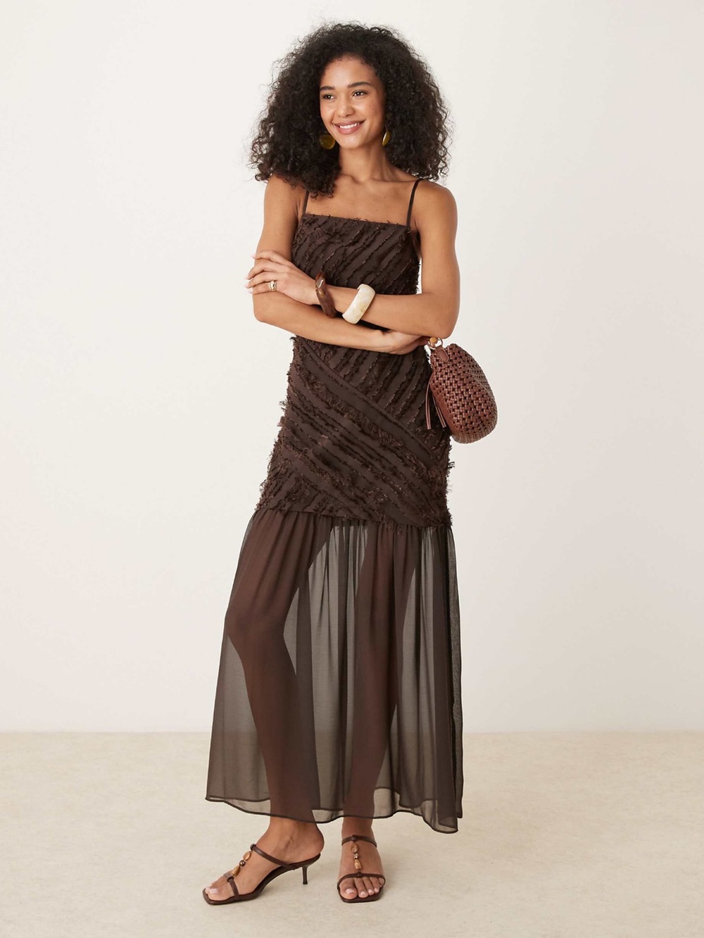 ASOS DESIGN Textured Dropped Waist Cami Midi Dress in Chocolate